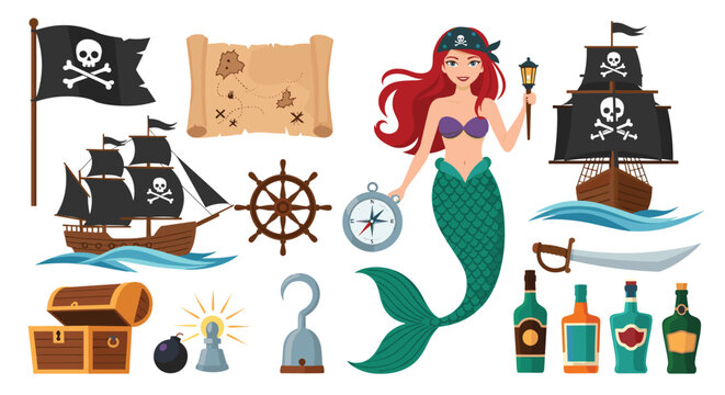 Diverse set of pirate themed illustrations including a mermaid, ships, flags, treasure chest, map, and various nautical tools.