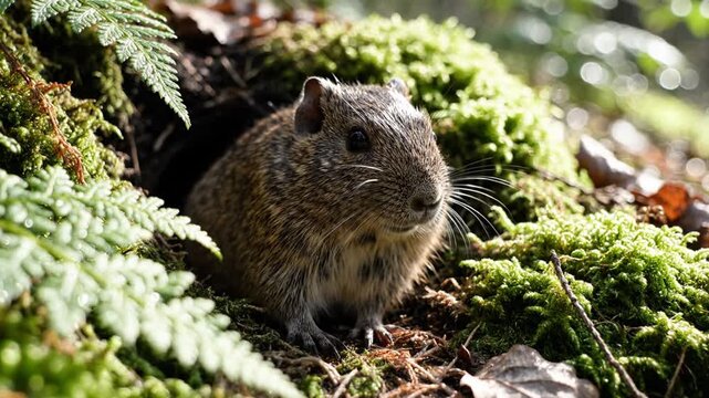 Small brown vole or rodent peeking out of its burrow entrance in a lush forest floor surrounded by green moss and fern leaves in soft dappled morning sunlight.