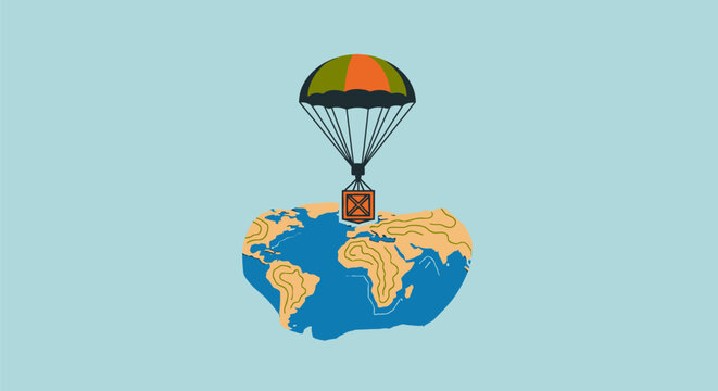 A package being delivered by parachute onto a map of the world.