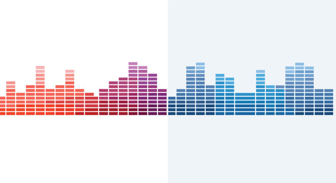 Colorful digital audio equalizer displaying frequency levels with red, purple, and blue bars on a split white and grey background.