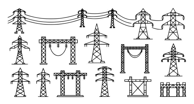 Collection of high voltage electricity pylon icons and power transmission line structures as black line vector graphics for energy infrastructure concepts