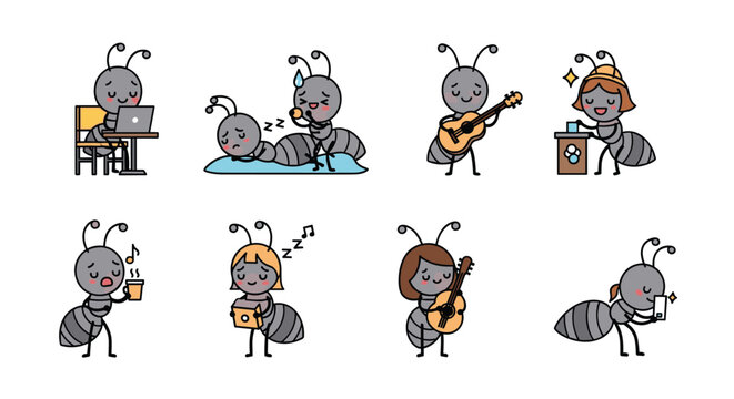 Humorous set of ant characters performing different human activities like playing guitar, working on a laptop, and drinking coffee.