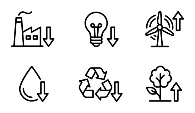 Eco-friendly Icons Set: Renewable Energy, Recycling, Industry Reduction, Water Conservation, Growth