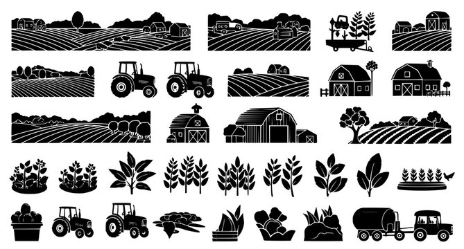 Black and white farm and agriculture icon collection featuring barns tractors fields and crops for rural lifestyle and sustainable food production design themes