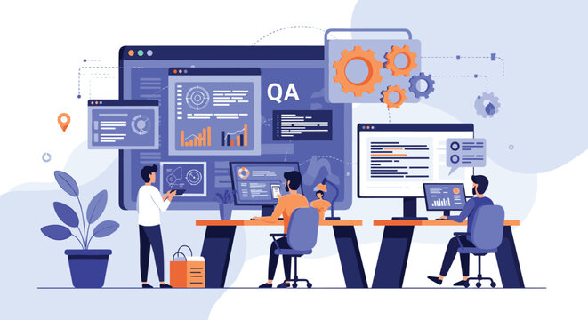 Quality assurance professionals collaborating on software testing and bug fixing using multiple computer monitors in a tech office.