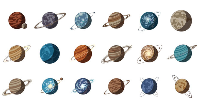 Comprehensive set of eighteen diverse planets and celestial bodies with different colors, rings, and surface textures in space.