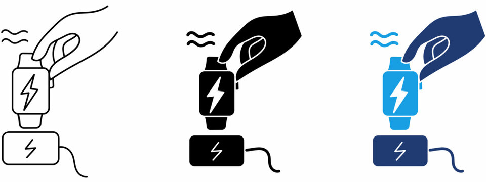 Hand placing smartwatch on wireless charger icon set.