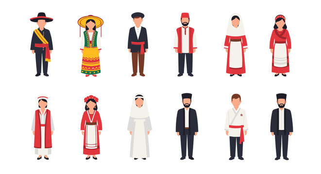 Twelve people from different global cultures wearing traditional ethnic clothing and costumes in a simple style.
