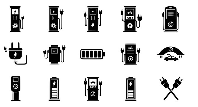 Set of fifteen electric vehicle charging station icons and battery status symbols for modern sustainable transportation and EV infrastructure design applications