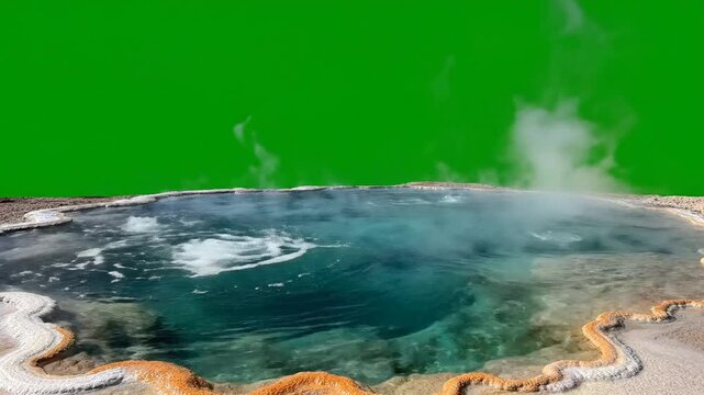 Steaming geothermal hot spring with green screen background, for compositing geyser, boiling water