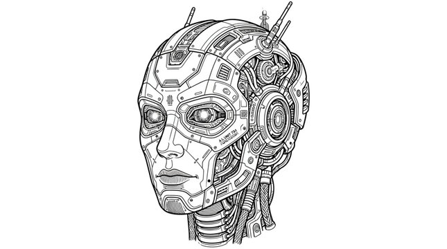 AI robot head illustration with circuits and wires, futuristic technology concept