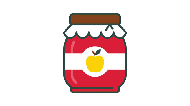 Vibrant red glass jar filled with delicious apple fruit jam featuring a white paper lid cover and a cute yellow apple icon on the front label