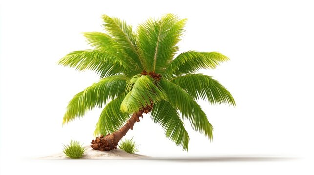 Slanted tropical palm tree rises from a small patch of sand and greenery against a white background.