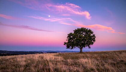 Fototapeta premium Tranquil lone tree silhouette against vibrant sunset sky and field