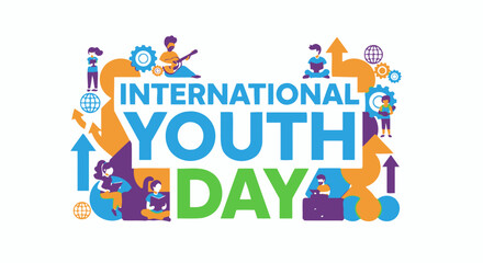 Fototapeta premium International Youth Day creative typography with diverse young people characters.