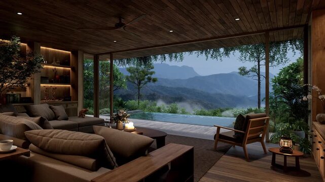Animation of modern contemporary living room featuring warm wooden interiors, cozy sofa, and an open layout leading to a private pool deck with a breathtaking mountain view at dusk. Luxury 3d render.