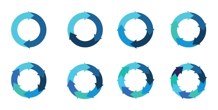 Colorful circle arrow charts. Multicolor spinning arrows, repeat circle and reload icon vector set. Circle arrows icon set. Business strategy workflow process infographic elements, circular diagrams.