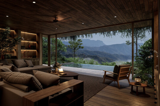 Modern contemporary living room with a breathtaking mountain view 3d render.