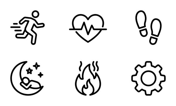 Fitness Icons Set: Running, Heart Rate, Steps, Sleep, Calories, Settings, Health Tracking, Wellness, Activity Monitoring, Vector Graphics