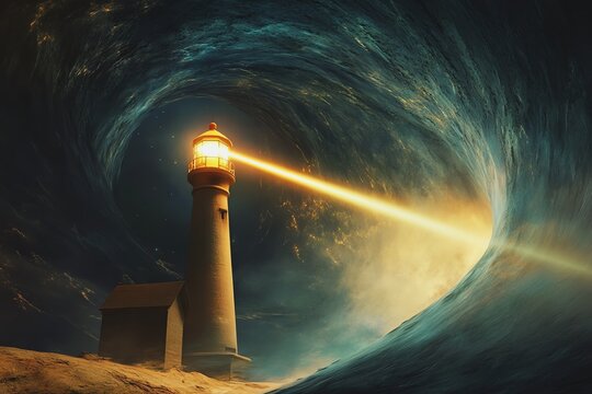 A lighthouse shines through a turbulent sea.