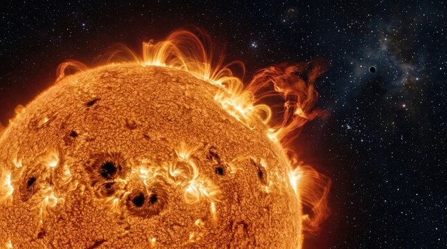 Solar magnetic storm, erupting plasma loops, fiery stellar prominence, intense energy release, powerful geomagnetic disturbance, vast celestial background, dangerous particle radiation.