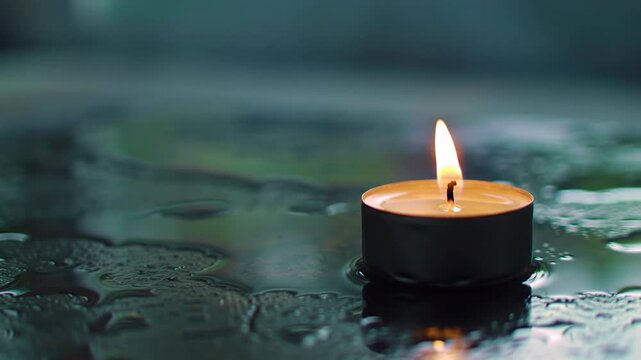Lit tea light candle burning on wet reflective surface with blue bokeh background
