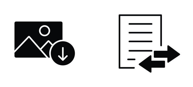Minimalist digital asset icons, image download button with arrow, document file transfer symbol with directional arrows, black vector set