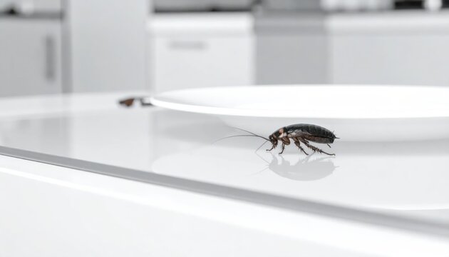 Dirty cockroach crawling across a clean white kitchen countertop next to a ceramic plate reflecting unwanted pests in a domestic setting