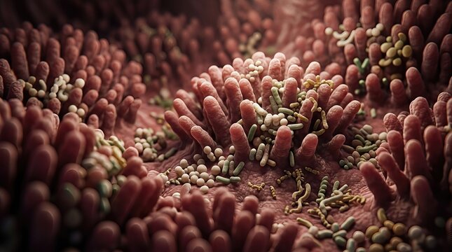 Intestinal villus displaying diverse beneficial microbe within a complex microscopic gut flora ecosystem, highlighting internal human biology and digestive wellness.