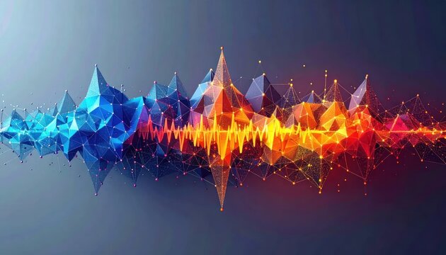 Dynamic 3D render of an abstract geometric sound or data waveform with vibrant blue orange yellow and red polygonal structures and glowing network lines.