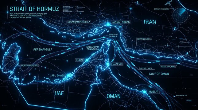 Glowing blue map of strait of hormuz with shipping lanes and maritime security status