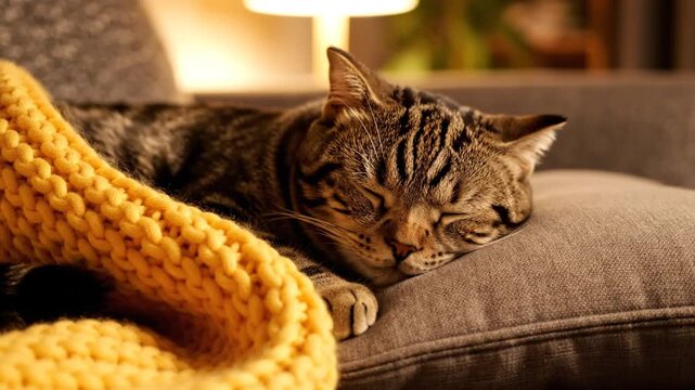 Close-up of a domestic tabby cat sleeping peacefully on a gray sofa cushion, partially covered by a yellow chunky knit blanket, in a cozy indoor setting with warm ambient lighting.