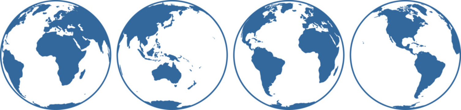 Four globe illustrations showing diverse world map perspectives highlighting continents, geography, global diversity, and spatial relationships