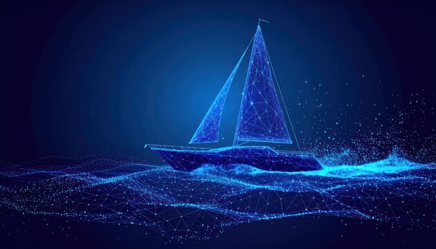 Dynamic blue glowing wireframe sailboat sailing gracefully on abstract digital ocean waves symbolizing technology and data networks.