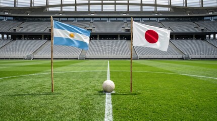Obraz premium Argentina vs japan soccer match flags and ball on green field in empty stadium