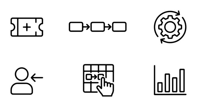 Business Process Icons: Workflow, Analytics, User Login, Ticket, Calendar Management, Data Visualization Vector Set