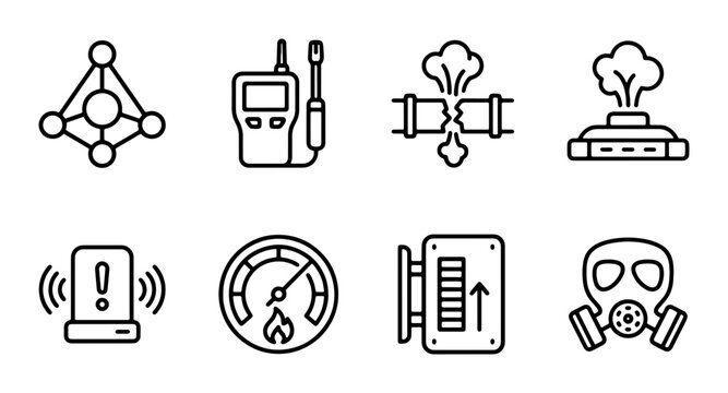 Industrial Safety and Measurement Icons: Gas Mask, Detector, Gauge, Alarm, Molecule, Pipe Leak, Ventilation System, Control Panel