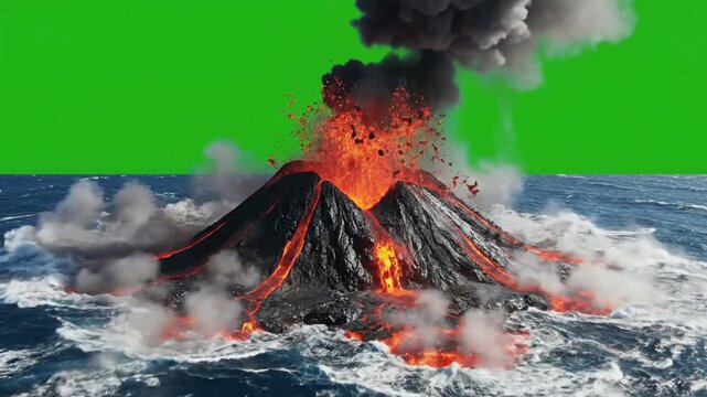 Volcanic eruption in ocean with green screen background, lava flow and ash cloud vfx volcano magma