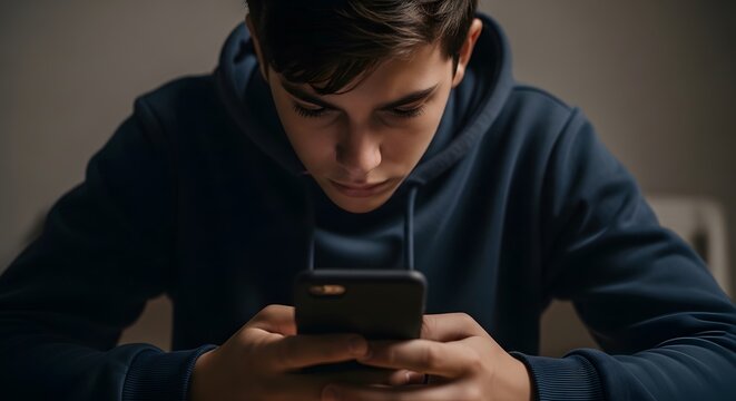 Young man looking down at his smartphone screen in a dimly lit room