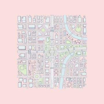 An illustrated map of a generic city with roads, buildings and parks