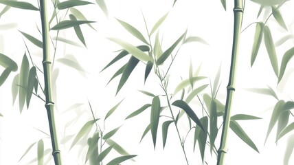 Fototapeta premium Minimalist green bamboo stalks pattern background with soft foliage leaves and elegant oriental zen nature illustration.