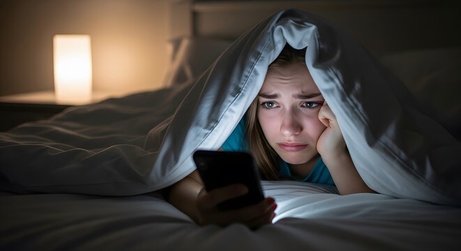 Anxious teenage girl looking at a smartphone under a blanket at night in a dark bedroom feeling sad or scared