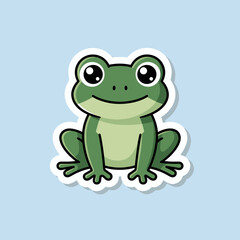 Fototapeta premium A cute cartoon frog sticker with a white outline on a light blue background