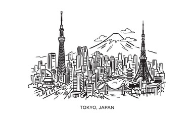 Obraz premium Tokyo Japan Detailed Skyline Panorama, Mount Fuji Landmark Vector Line Drawing