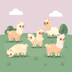 Naklejka premium A group of adorable cartoon animals are happily grazing in a field