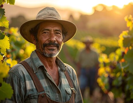 Smiling Middle Aged Vineyard Worker Standing Among Green Grape Vines at Sunset