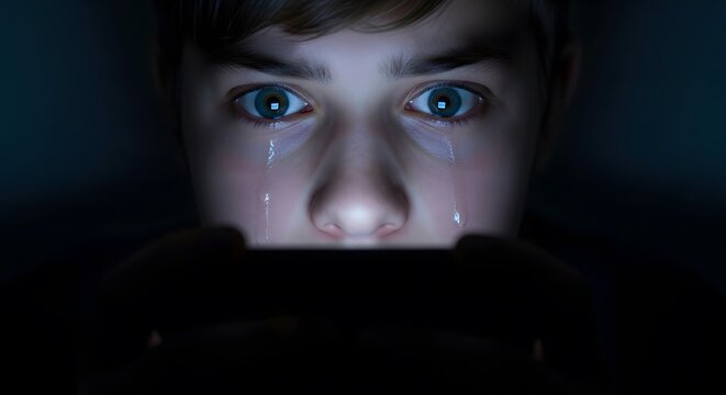 Sad Crying Boy Looking at Phone Screen in Dark Room for Cyberbullying Concept and Digital Addiction