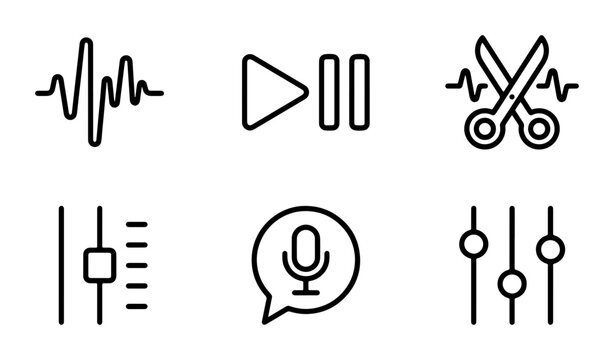 Audio Editing Icons, Sound Waveform, Play Pause Controls, Scissors Cut Symbol, Mixer Sliders, Microphone Speech Bubble, Volume Knobs, Digital Audio Workstation Elements, Vector Graphics