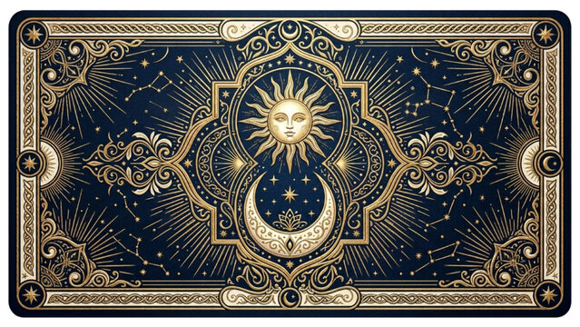 Vintage Celestial Tarot Card Back Design with Sun Moon and Stars Gold Ornamentation
