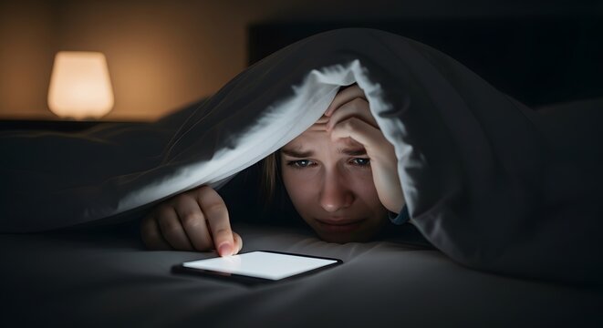 Sad young woman crying while looking at phone under blanket in dark bedroom